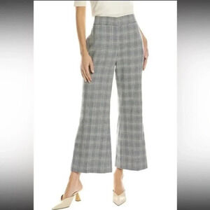 Rebecca Taylor Cropped Cotton Wool-Blend Wide Leg Flare Pant Plaid Grey Sz 6